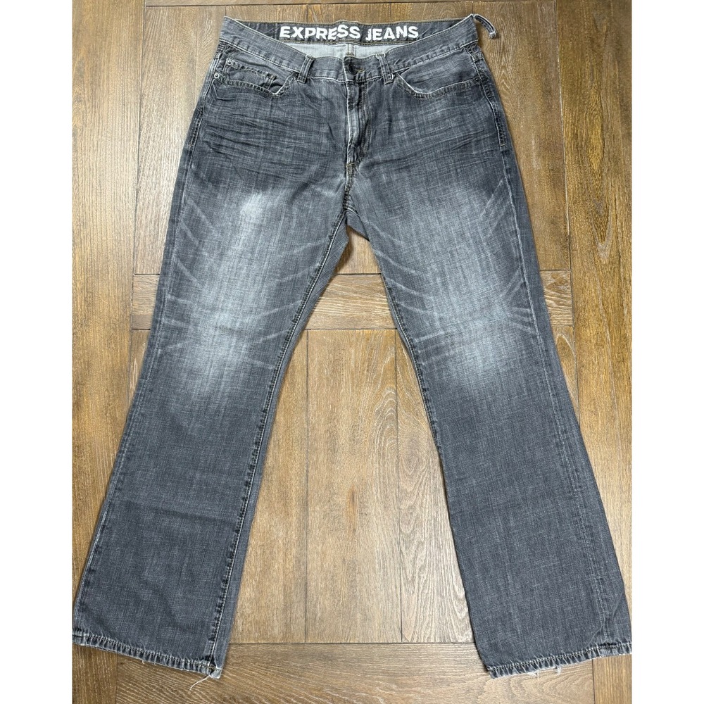 Express Jeans Men's Size 33x34 Distressed Gray Bootcut Loose Raw Hem